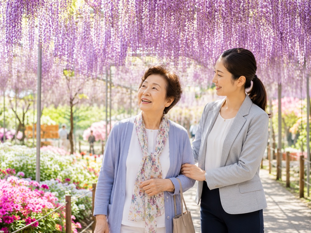 足利を旅行する高齢の女性に寄り添う介護士