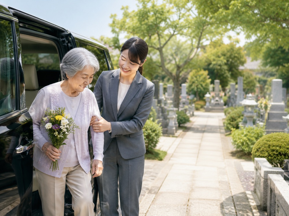 介護士に付き添われてお墓参りに向かう女性