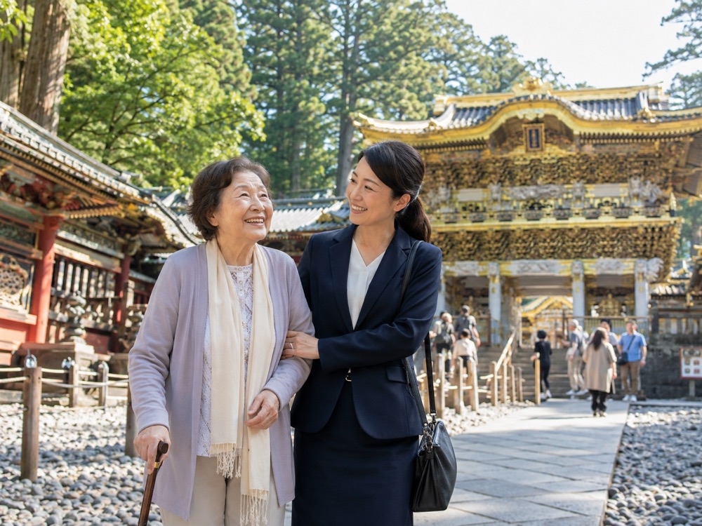 日光を旅行する高齢の女性