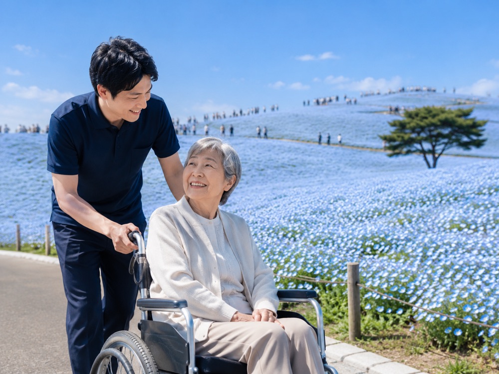 大洗・みはらしの丘を楽しむ高齢の男性