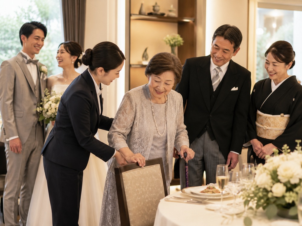 結婚式に参列する高齢の女性とご家族
