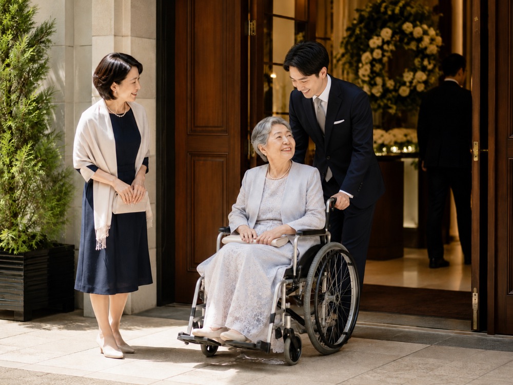 結婚式に参列する高齢の男性とご家族